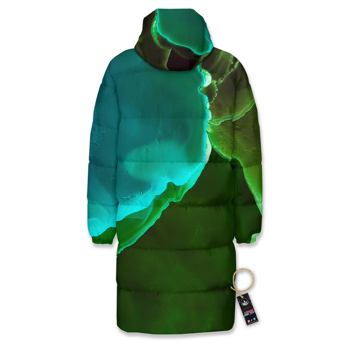 Acid Melt Green And Turquoise Print Long Down Jacket-grizzshop