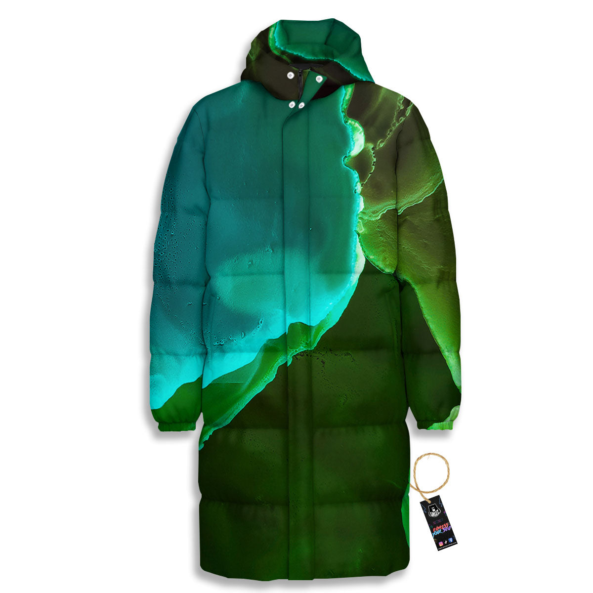 Acid Melt Green And Turquoise Print Long Down Jacket-grizzshop