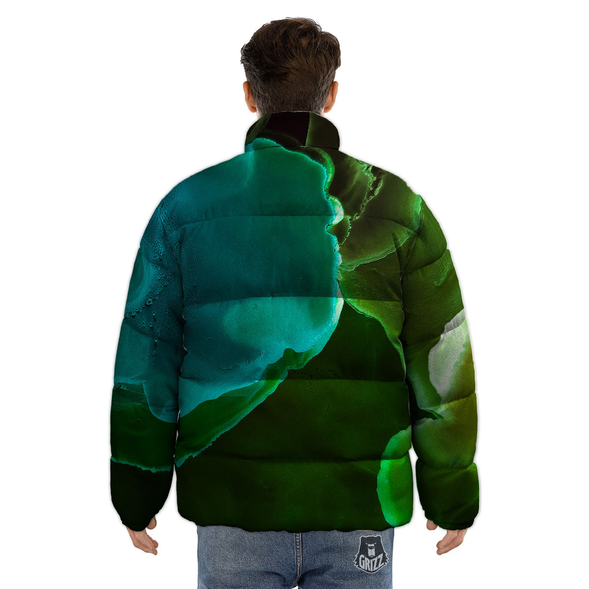 Acid Melt Green And Turquoise Print Puffer Jacket-grizzshop