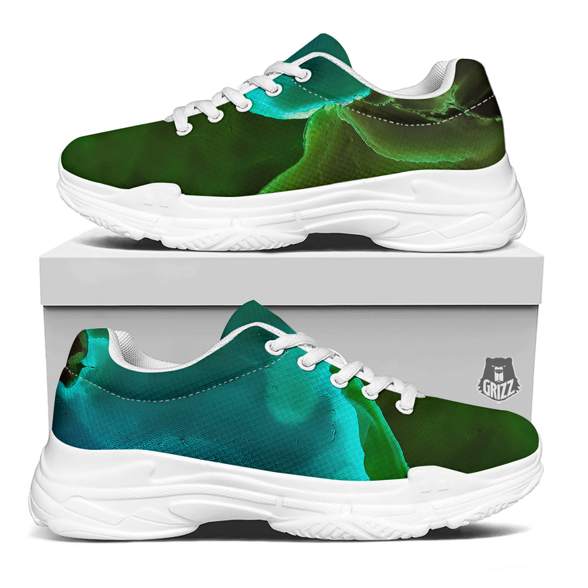Acid Melt Green And Turquoise Print White Chunky Shoes-grizzshop