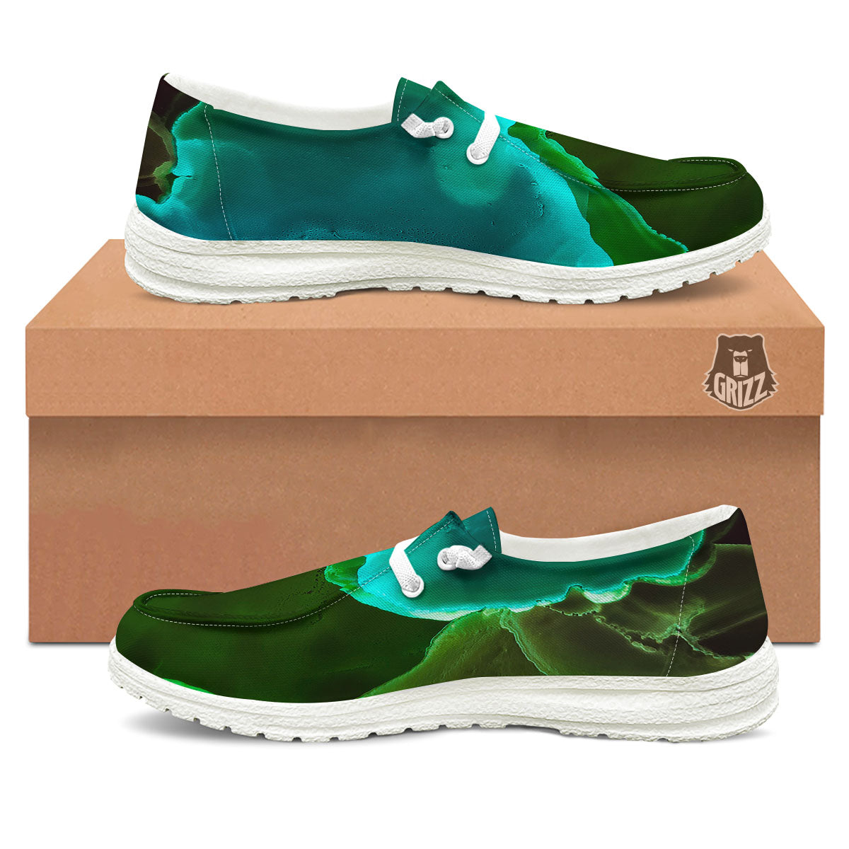 Acid Melt Green And Turquoise Print White Loafers-grizzshop