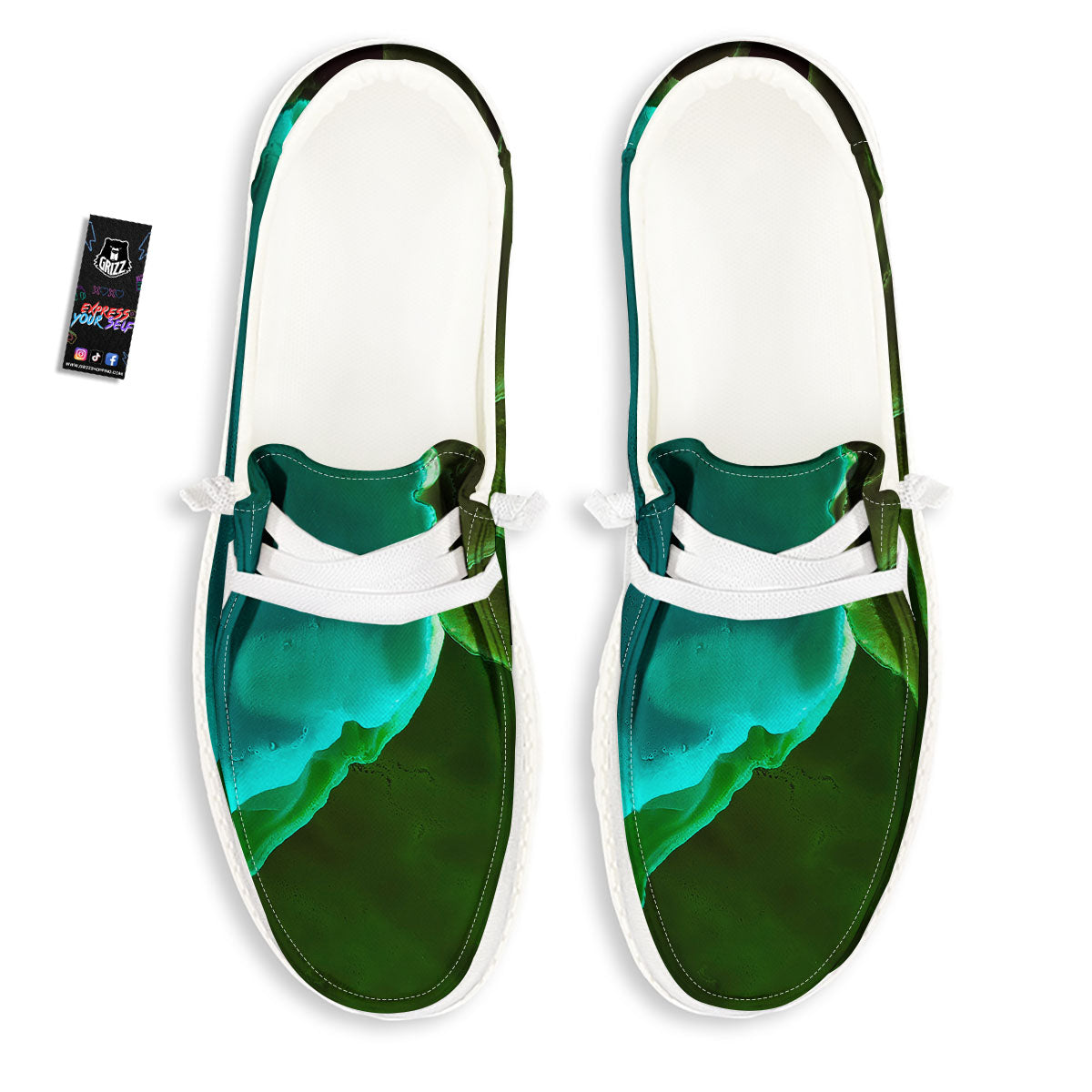 Acid Melt Green And Turquoise Print White Loafers-grizzshop