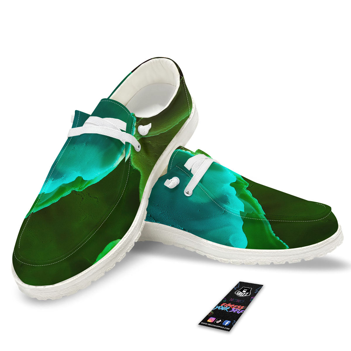 Acid Melt Green And Turquoise Print White Loafers-grizzshop