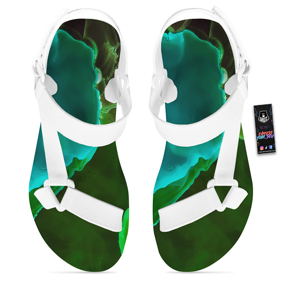 Acid Melt Green And Turquoise Print White Open Toe Sandals-grizzshop