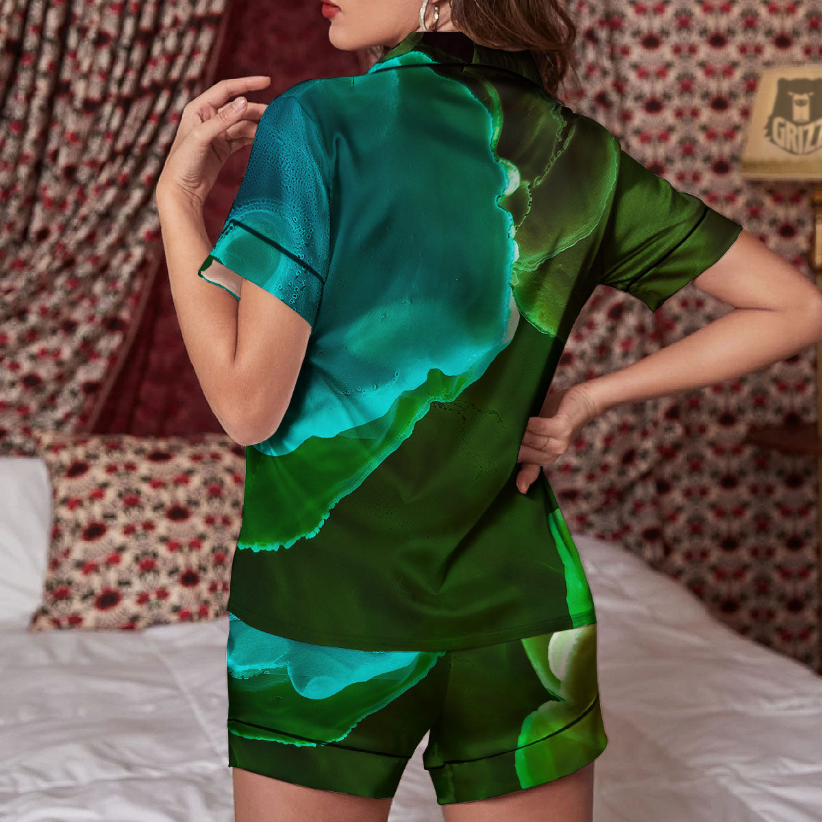 Acid Melt Green And Turquoise Print Women Silk Pajamas-grizzshop