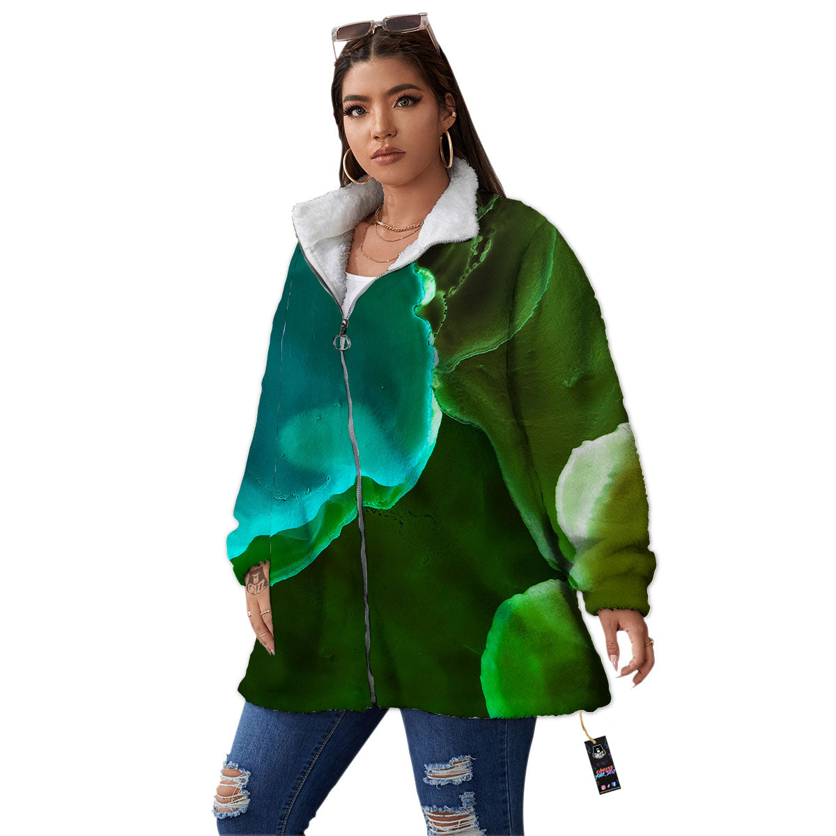 Acid Melt Green And Turquoise Print Women's Sherpa Jacket-grizzshop