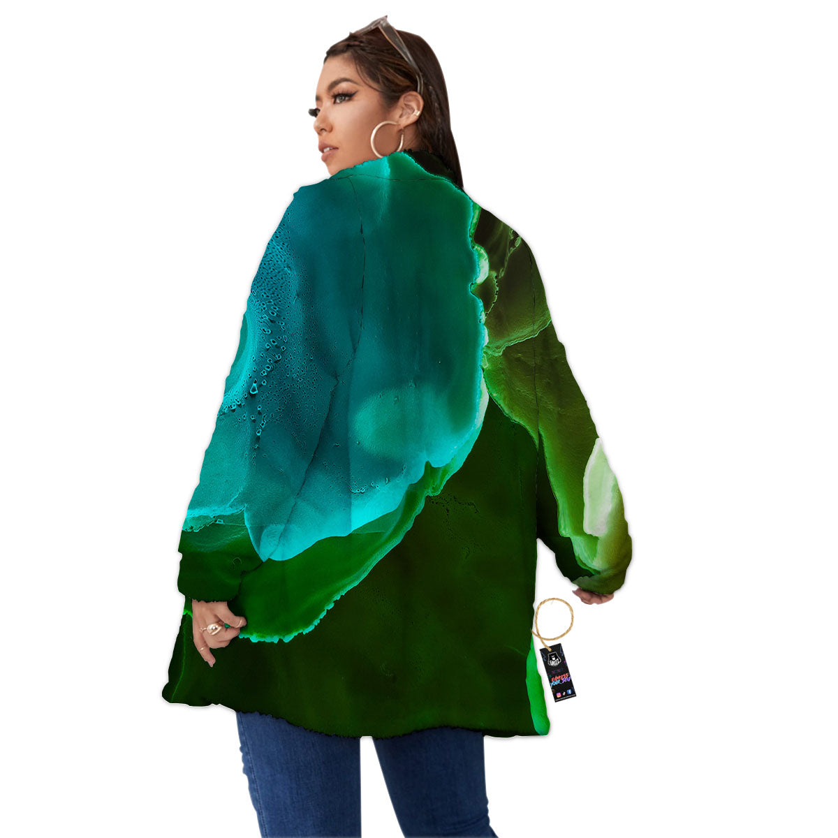 Acid Melt Green And Turquoise Print Women's Sherpa Jacket-grizzshop