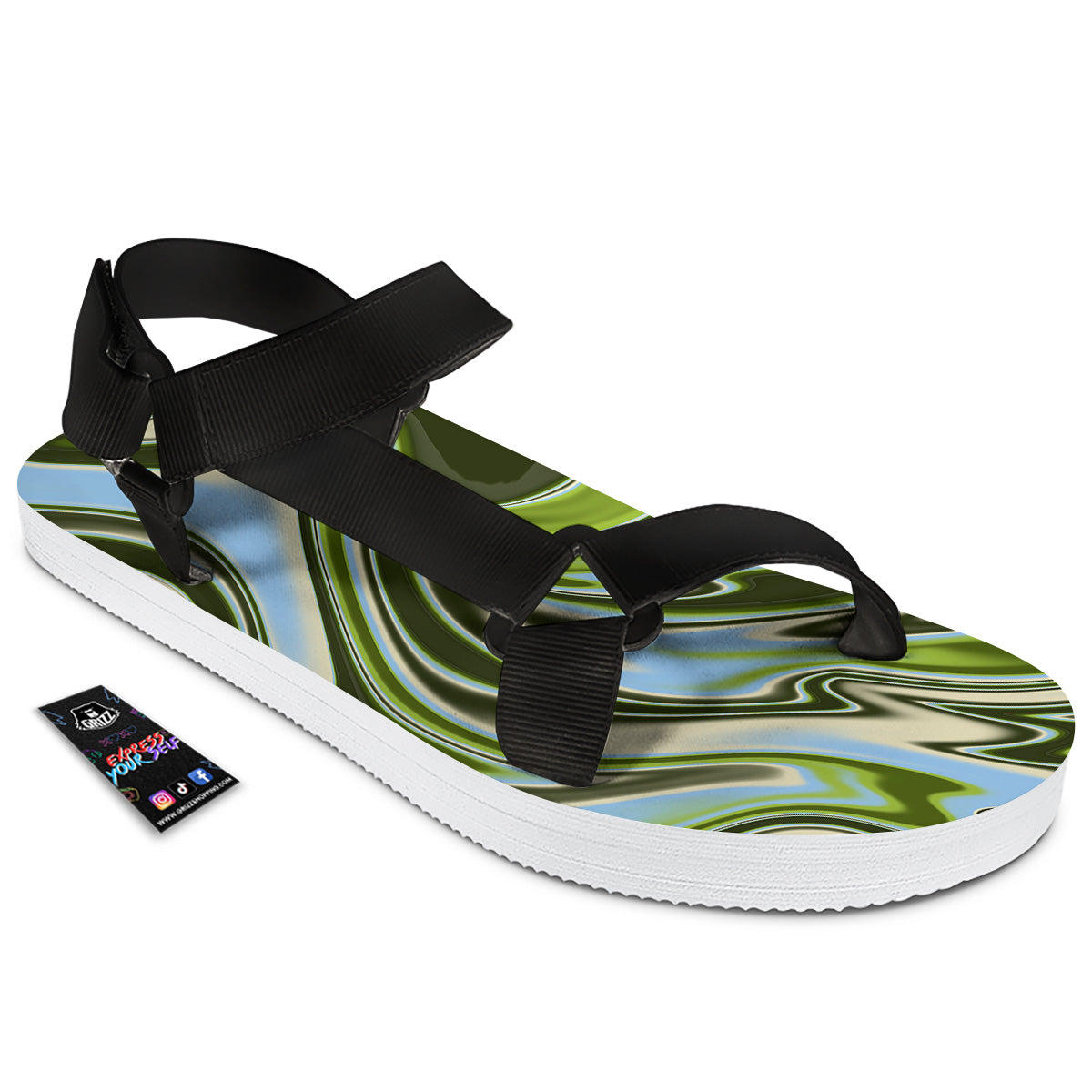 Acid Melt Green Print Black Open Toe Sandals-grizzshop