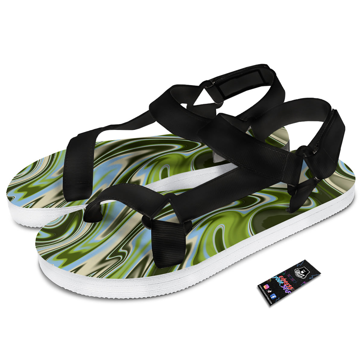 Acid Melt Green Print Black Open Toe Sandals-grizzshop