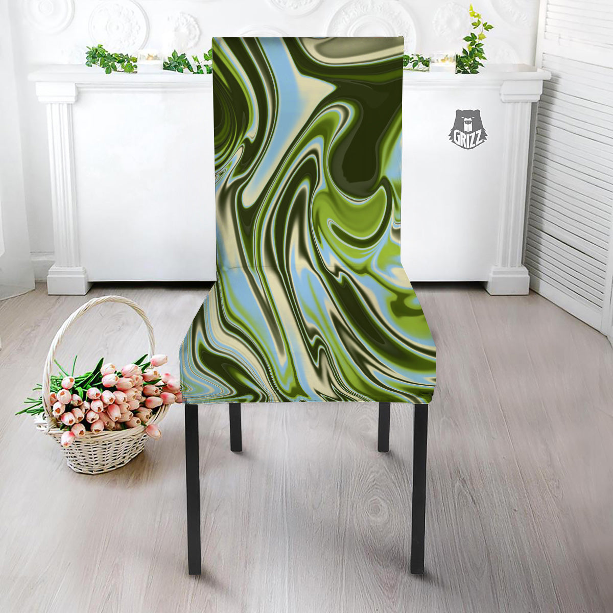 Acid Melt Green Print Dining Chair Slipcover-grizzshop