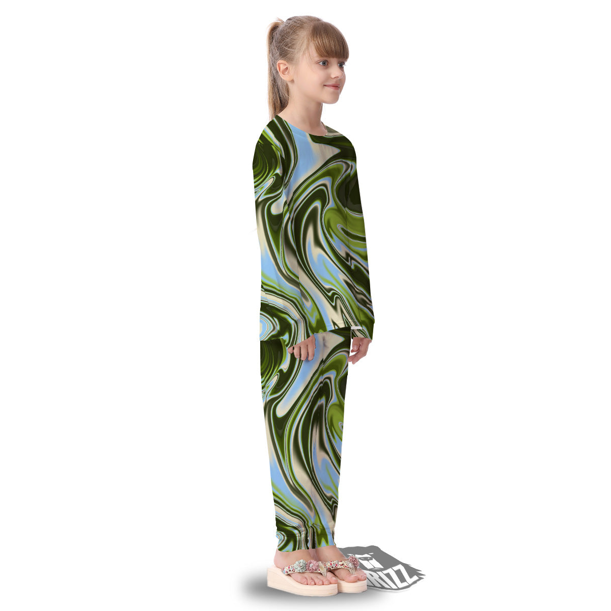 Acid Melt Green Print Kid's Pajamas-grizzshop