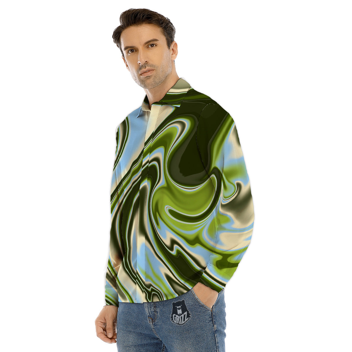 Acid Melt Green Print Men's Dress Shirts-grizzshop