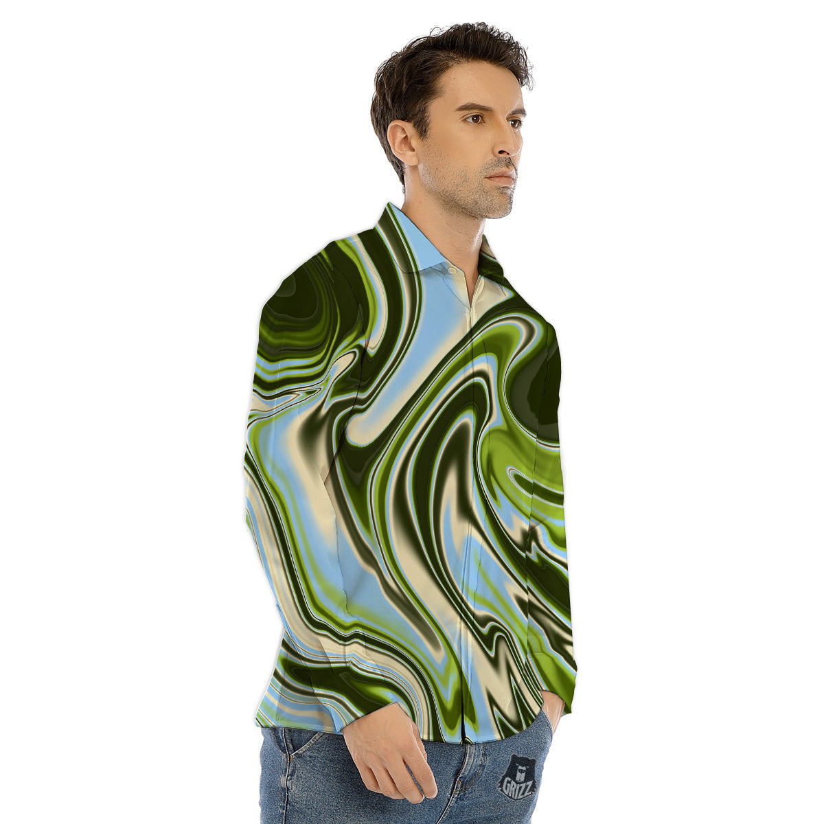 Acid Melt Green Print Men's Dress Shirts-grizzshop