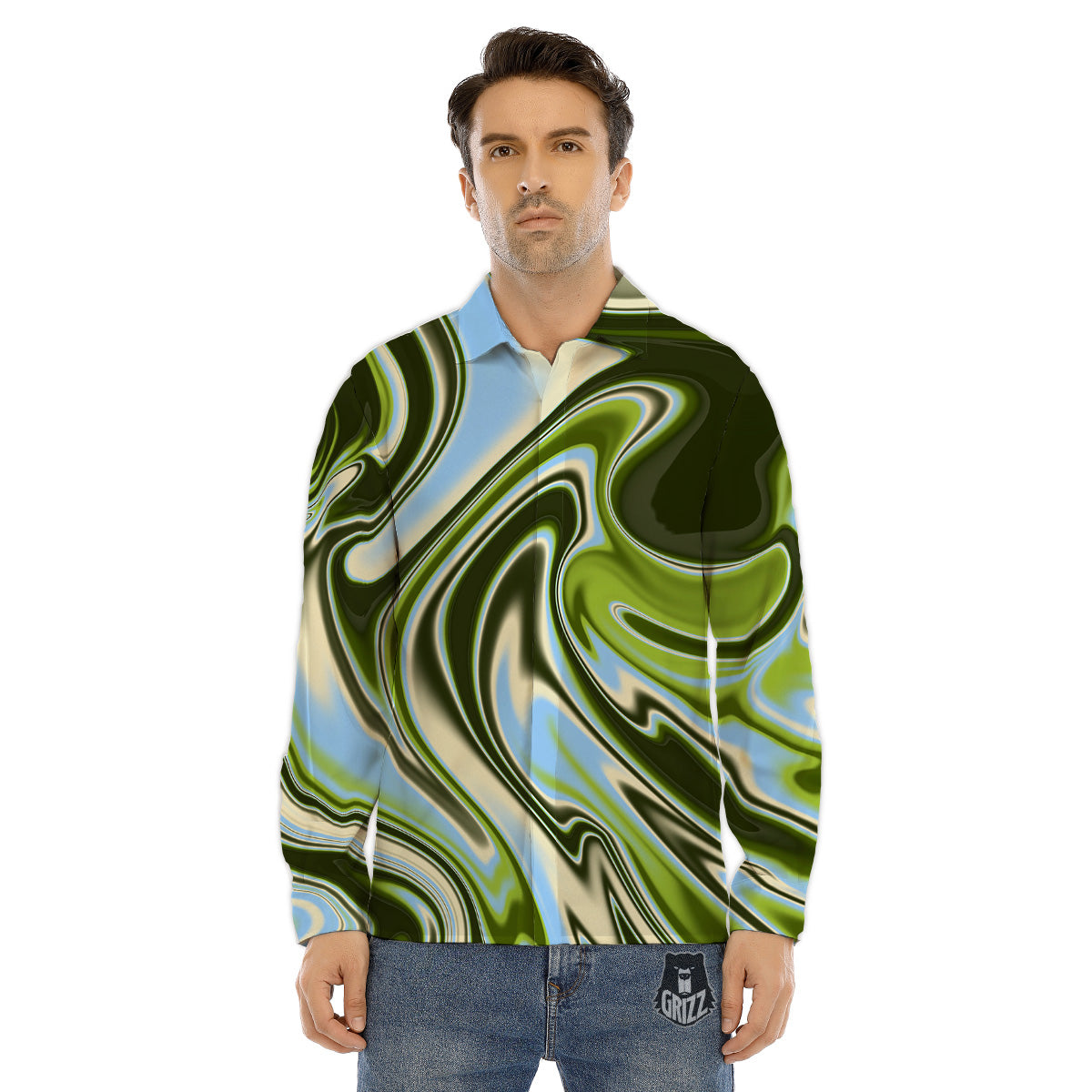 Acid Melt Green Print Men's Dress Shirts-grizzshop