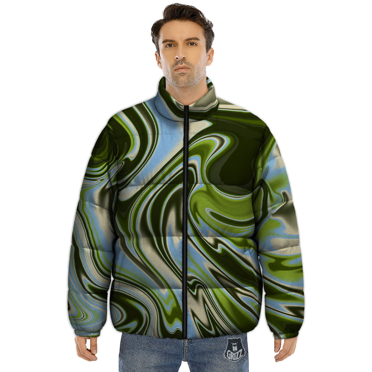 Acid Melt Green Print Puffer Jacket-grizzshop