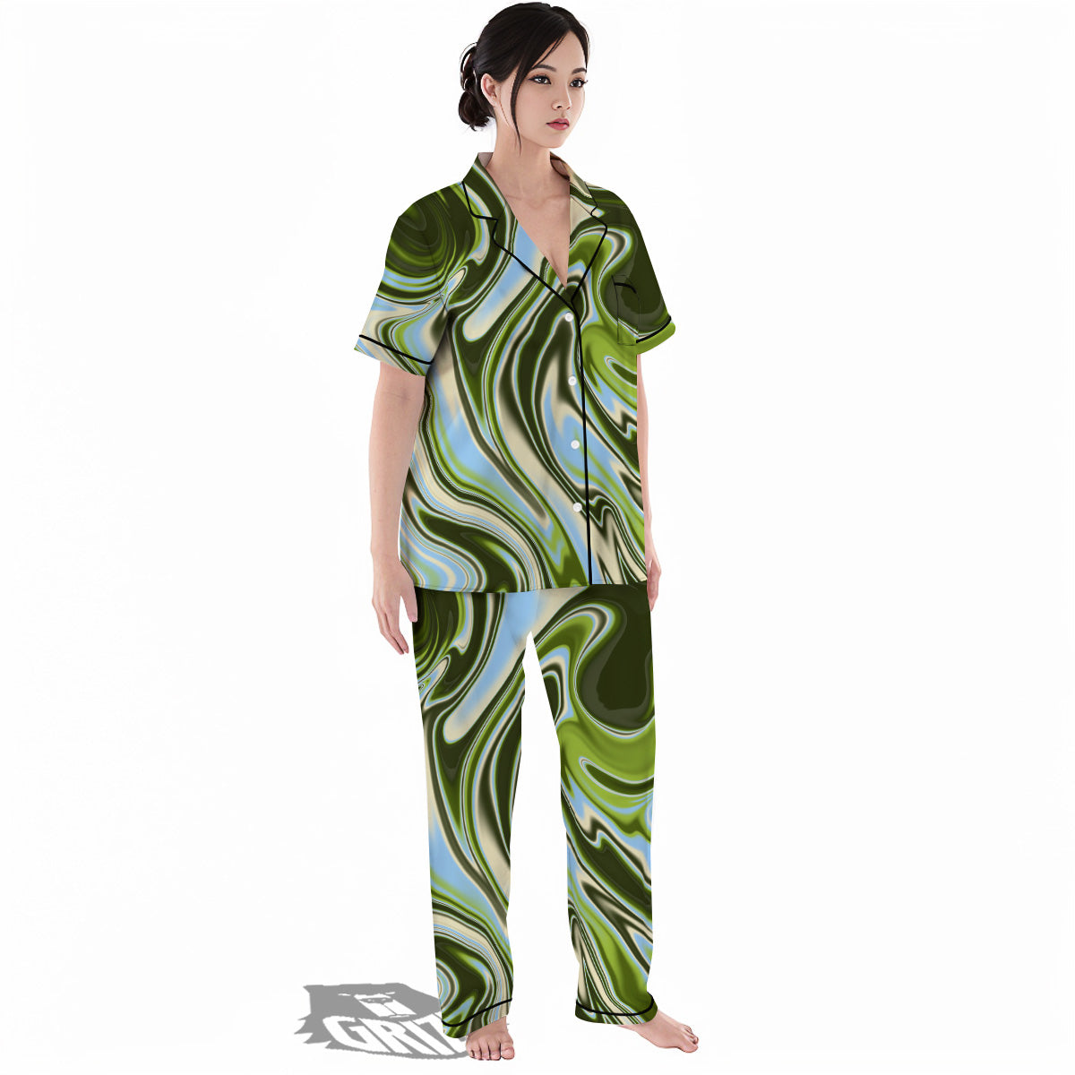 Acid Melt Green Print Women's Pajamas Set-grizzshop