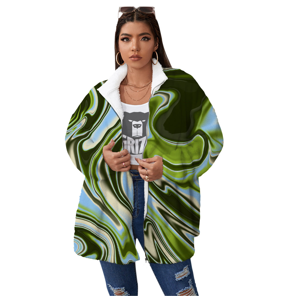 Acid Melt Green Print Women's Sherpa Jacket-grizzshop