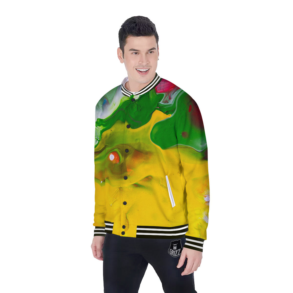 Acid Melt Yellow And Green Print Baseball Jacket-grizzshop