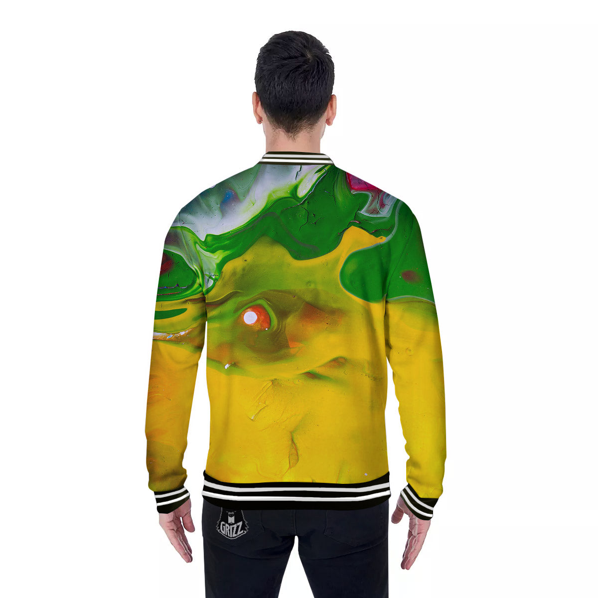 Acid Melt Yellow And Green Print Baseball Jacket-grizzshop