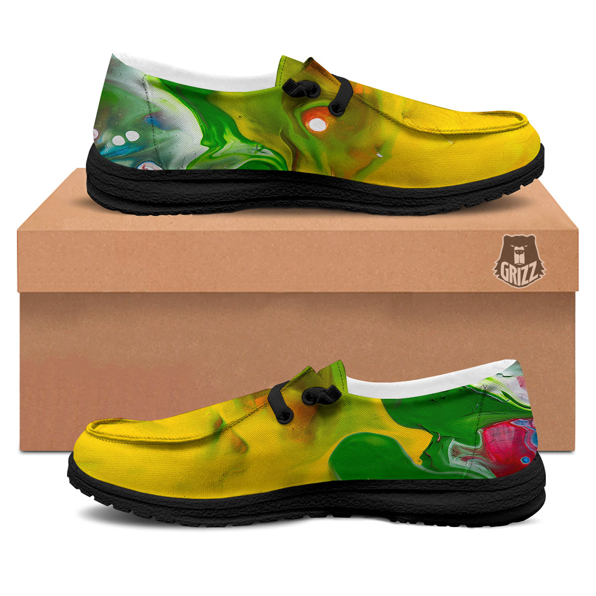 Acid Melt Yellow And Green Print Black Loafers-grizzshop