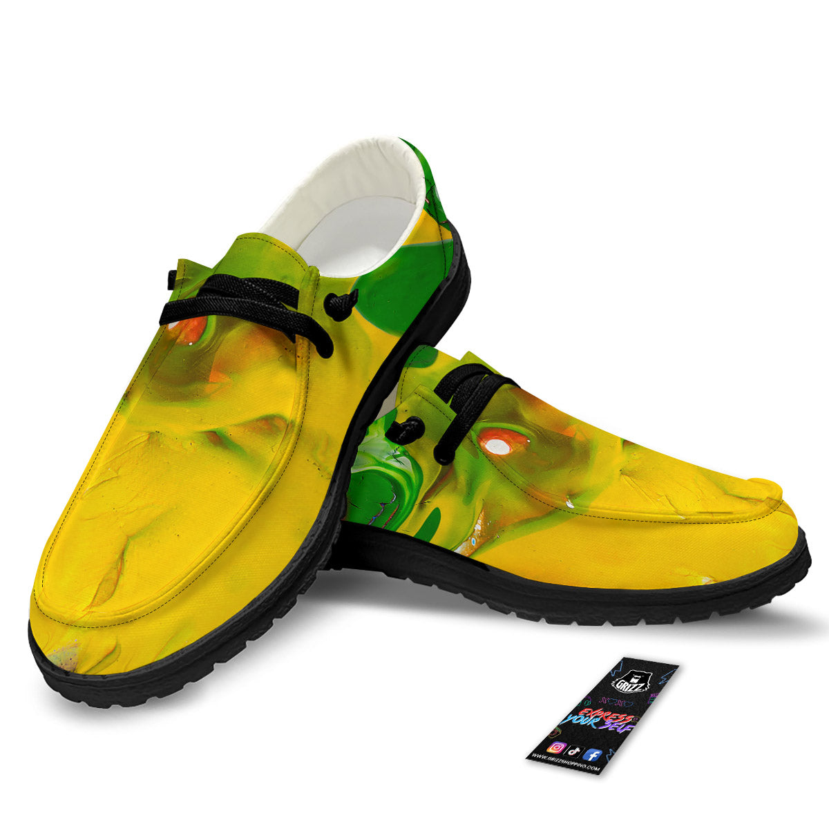 Acid Melt Yellow And Green Print Black Loafers-grizzshop