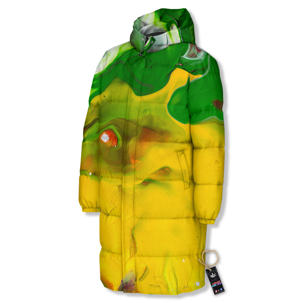 Acid Melt Yellow And Green Print Long Down Jacket-grizzshop