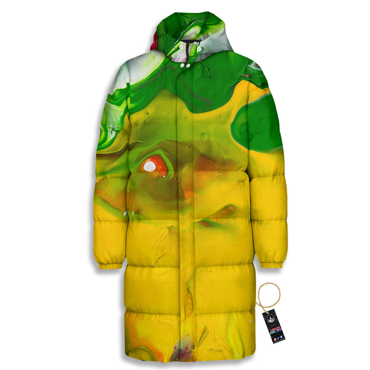 Acid Melt Yellow And Green Print Long Down Jacket-grizzshop