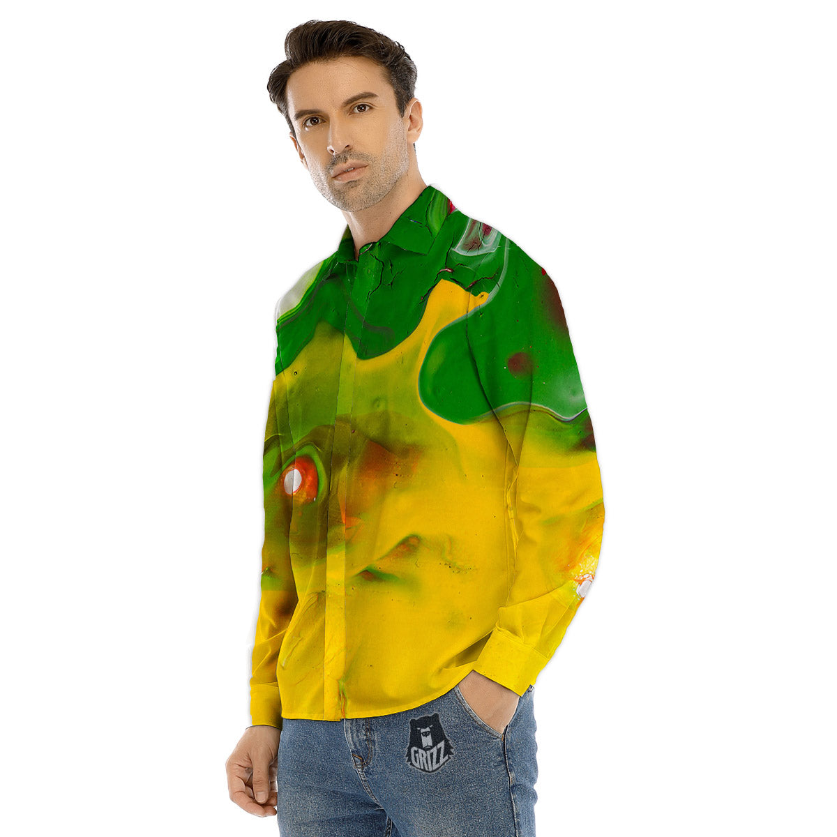 Acid Melt Yellow And Green Print Men's Dress Shirts-grizzshop