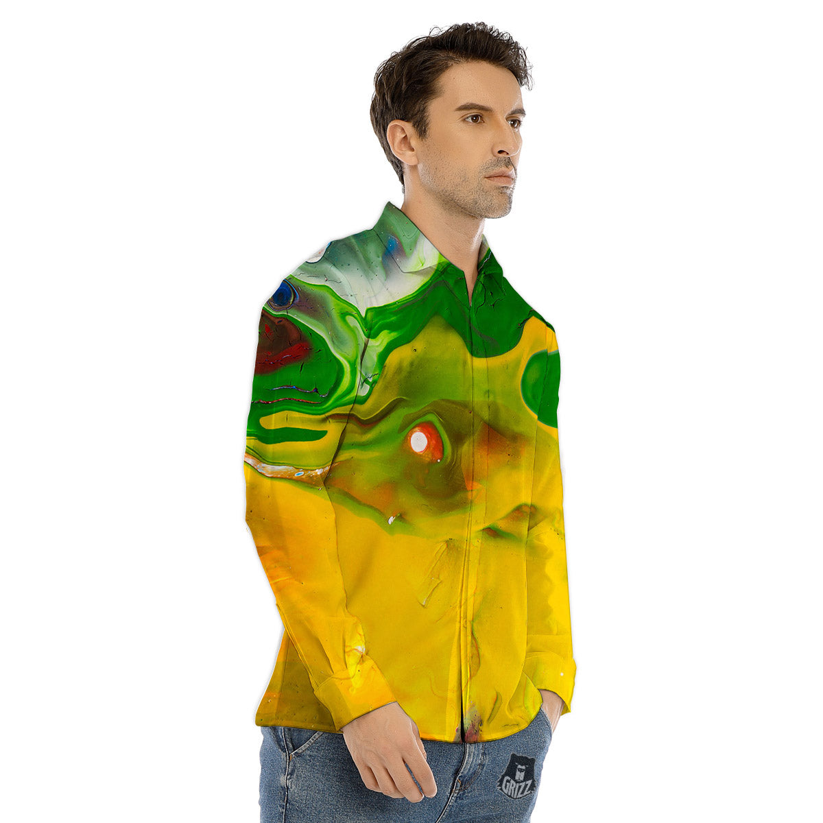 Acid Melt Yellow And Green Print Men's Dress Shirts-grizzshop
