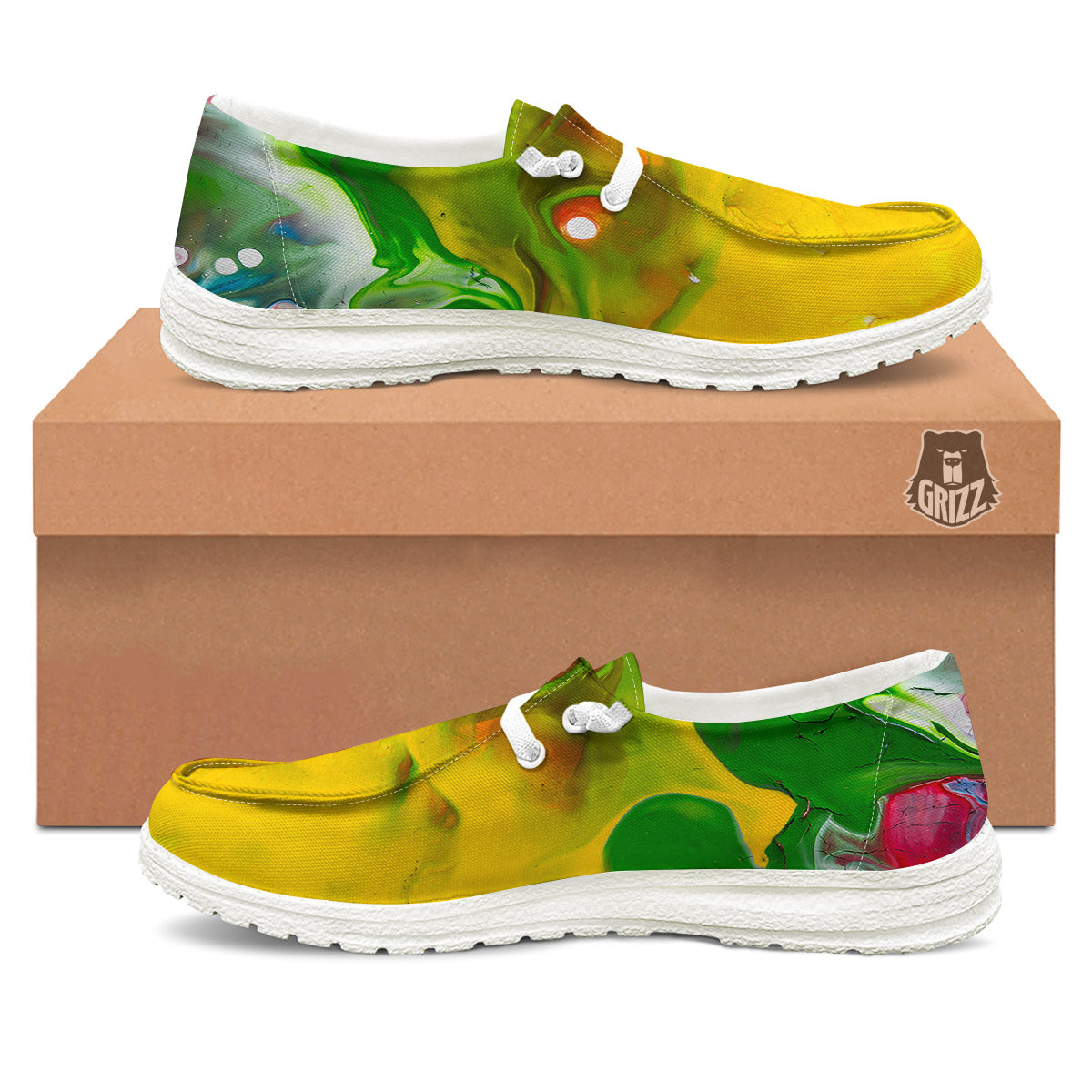 Acid Melt Yellow And Green Print White Loafers-grizzshop