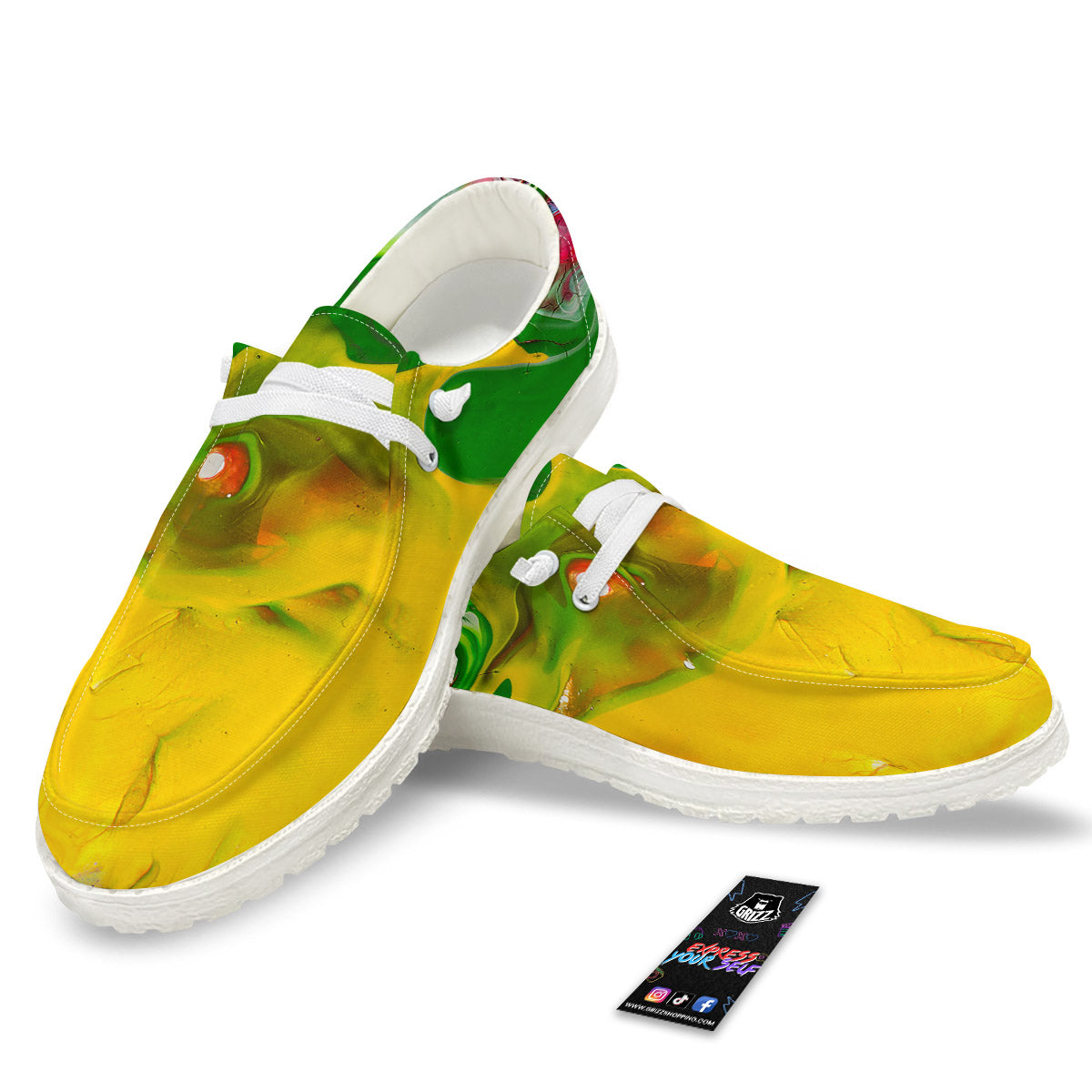 Acid Melt Yellow And Green Print White Loafers-grizzshop
