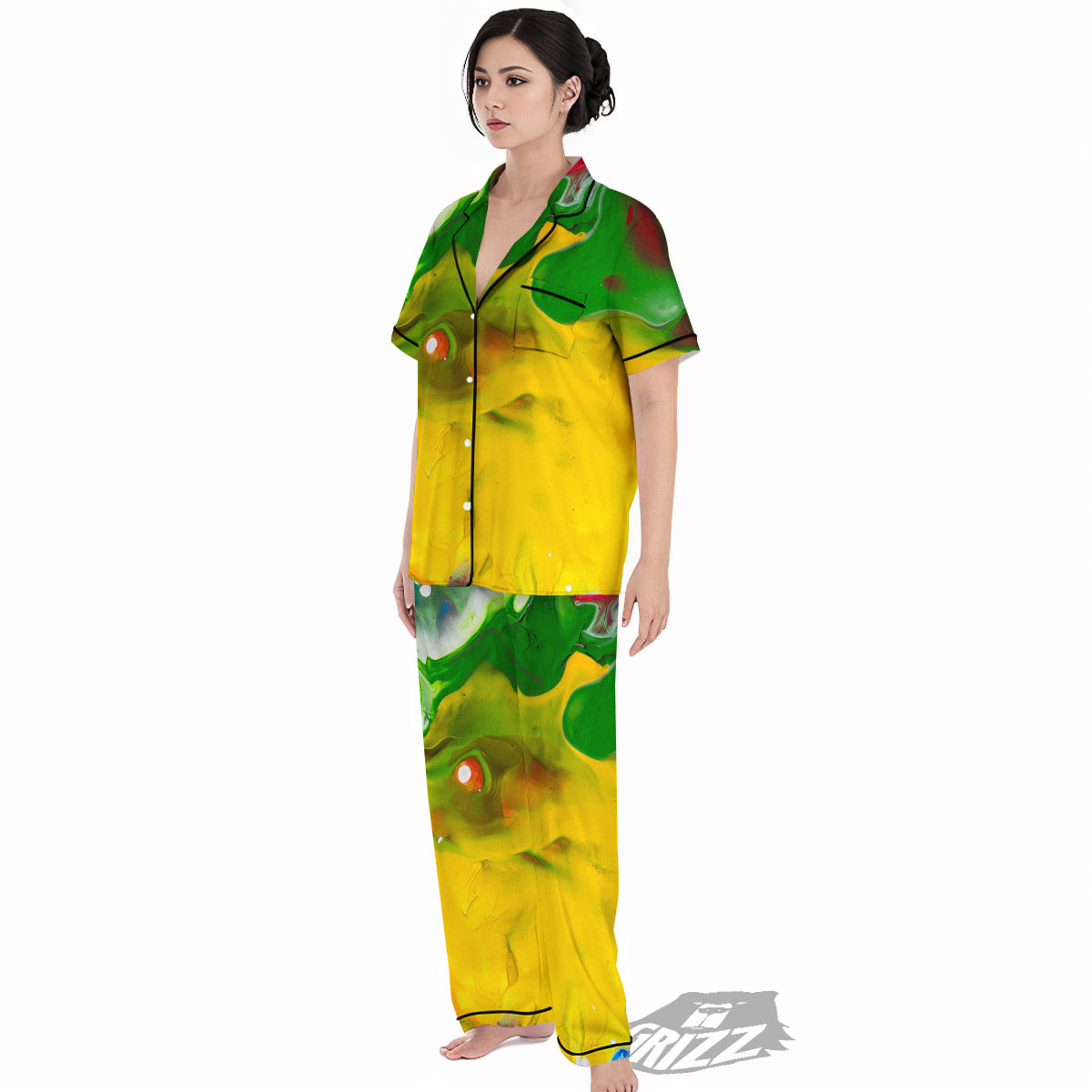 Acid Melt Yellow And Green Print Women's Pajamas Set-grizzshop