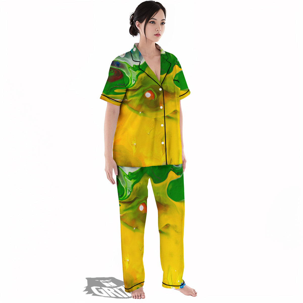 Acid Melt Yellow And Green Print Women's Pajamas Set-grizzshop