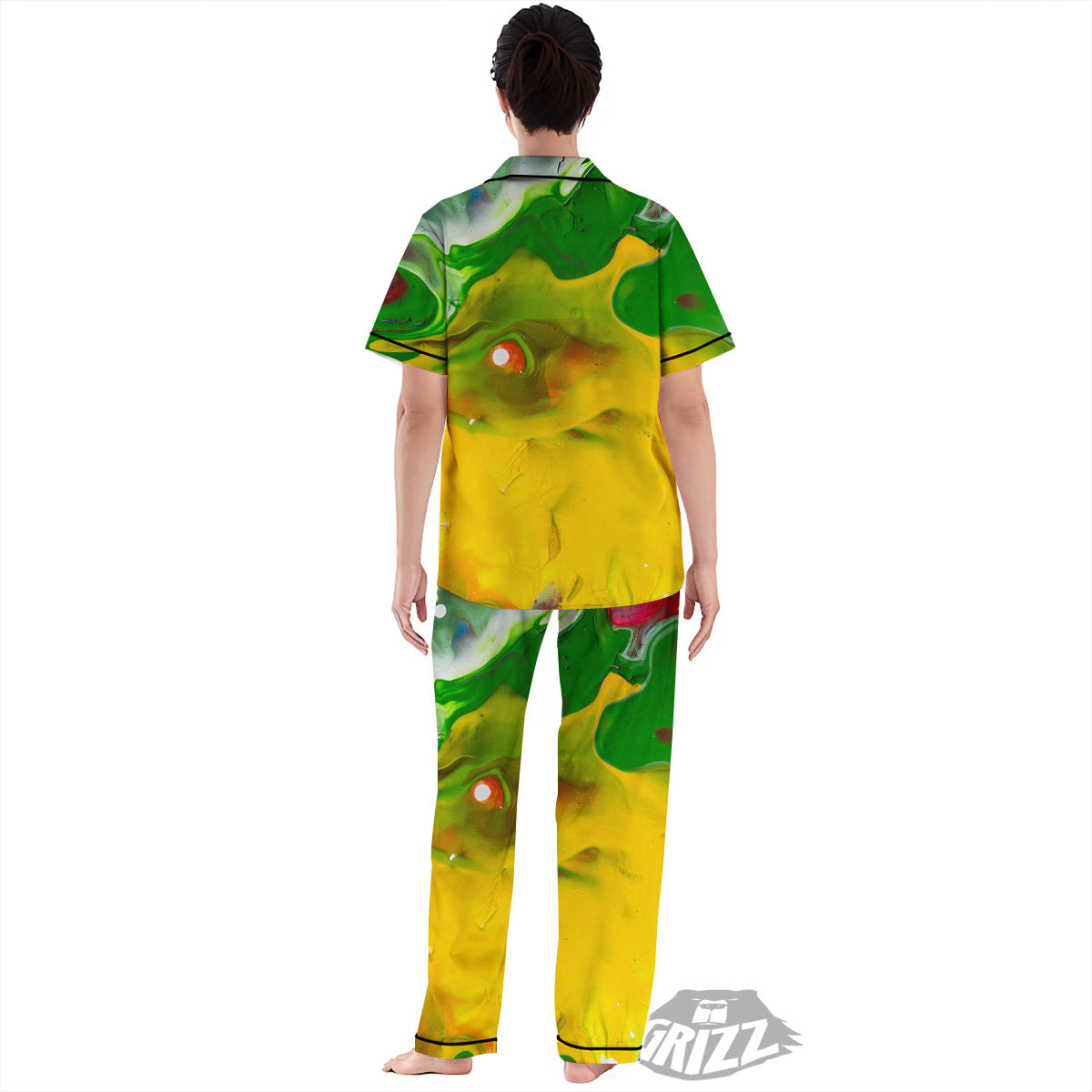 Acid Melt Yellow And Green Print Women's Pajamas Set-grizzshop
