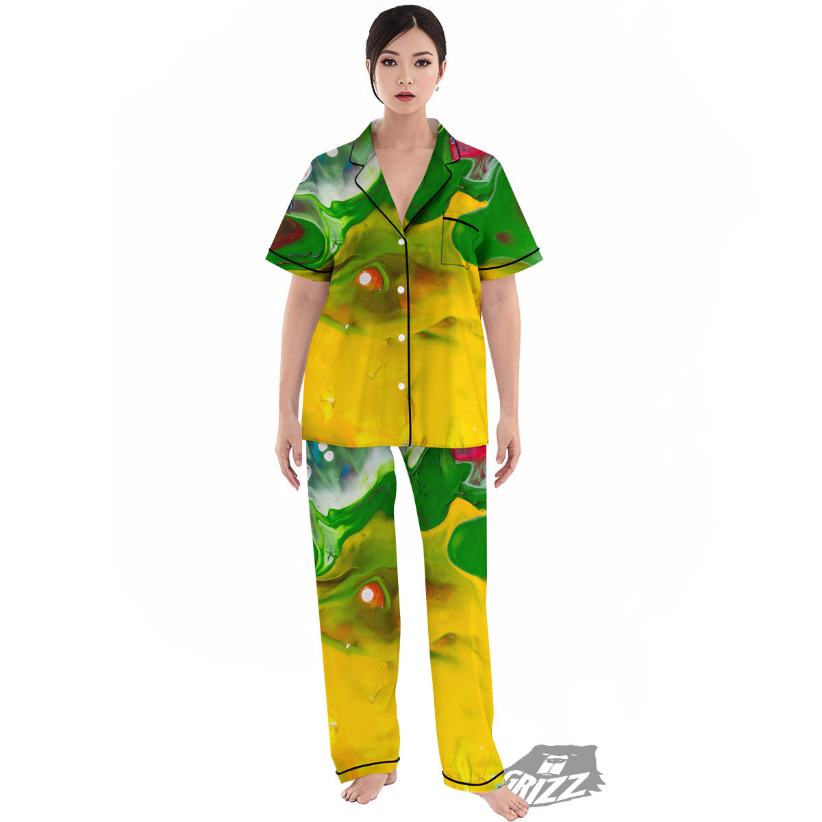 Acid Melt Yellow And Green Print Women's Pajamas Set-grizzshop