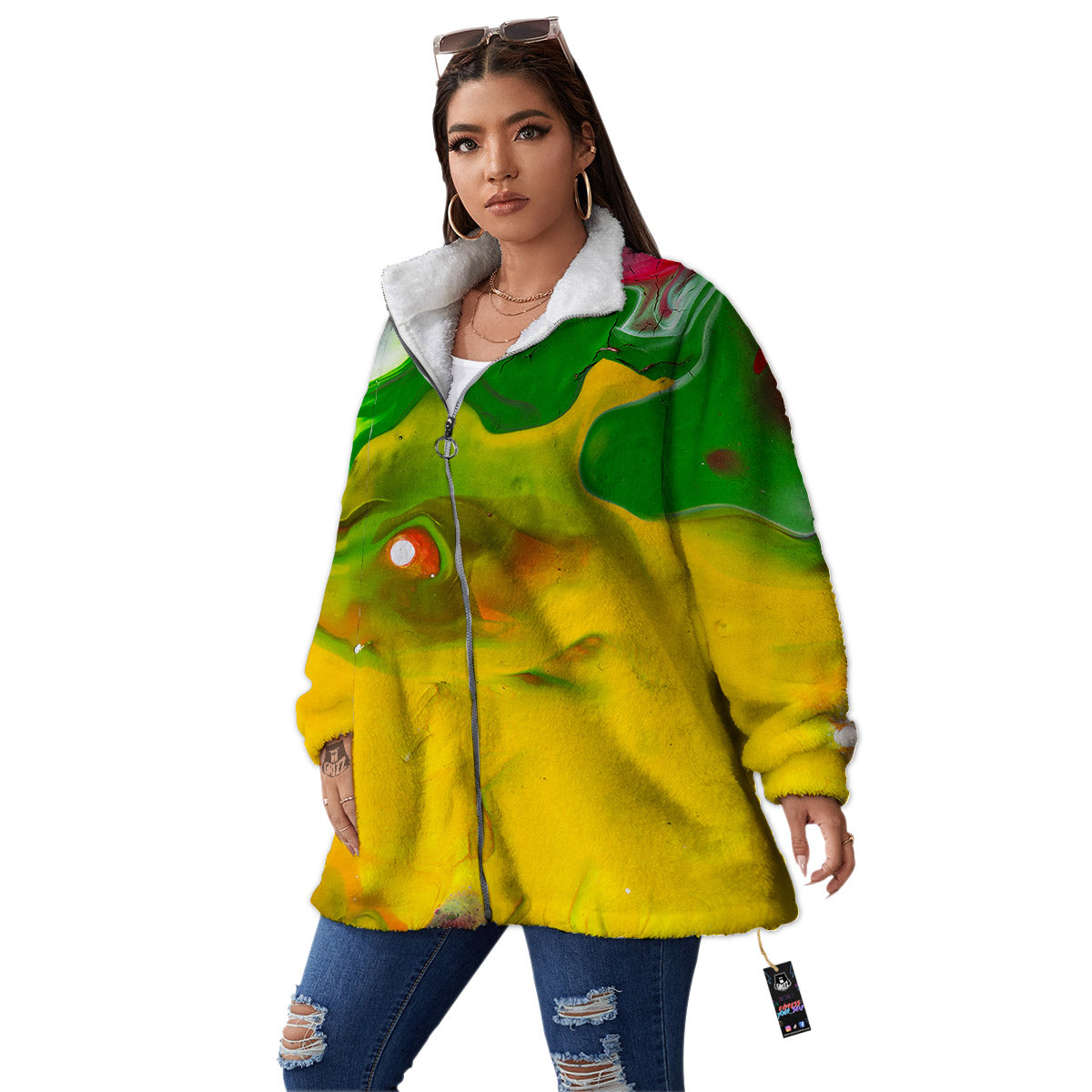 Acid Melt Yellow And Green Print Women's Sherpa Jacket-grizzshop