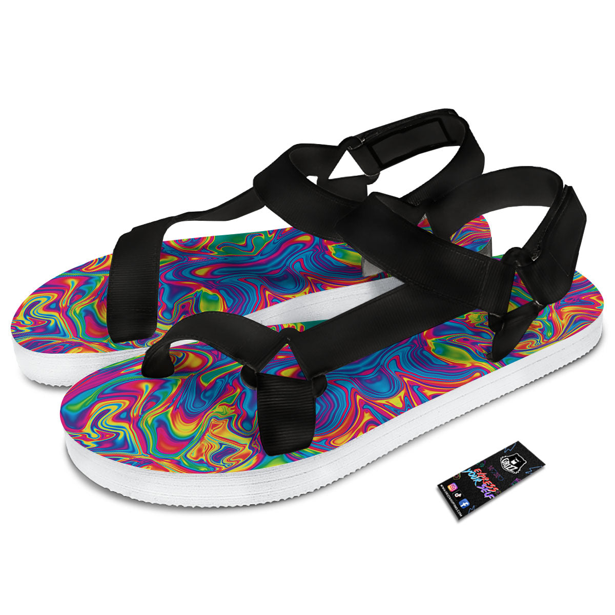 Acid Psychedelic Print Pattern Black Open Toe Sandals-grizzshop