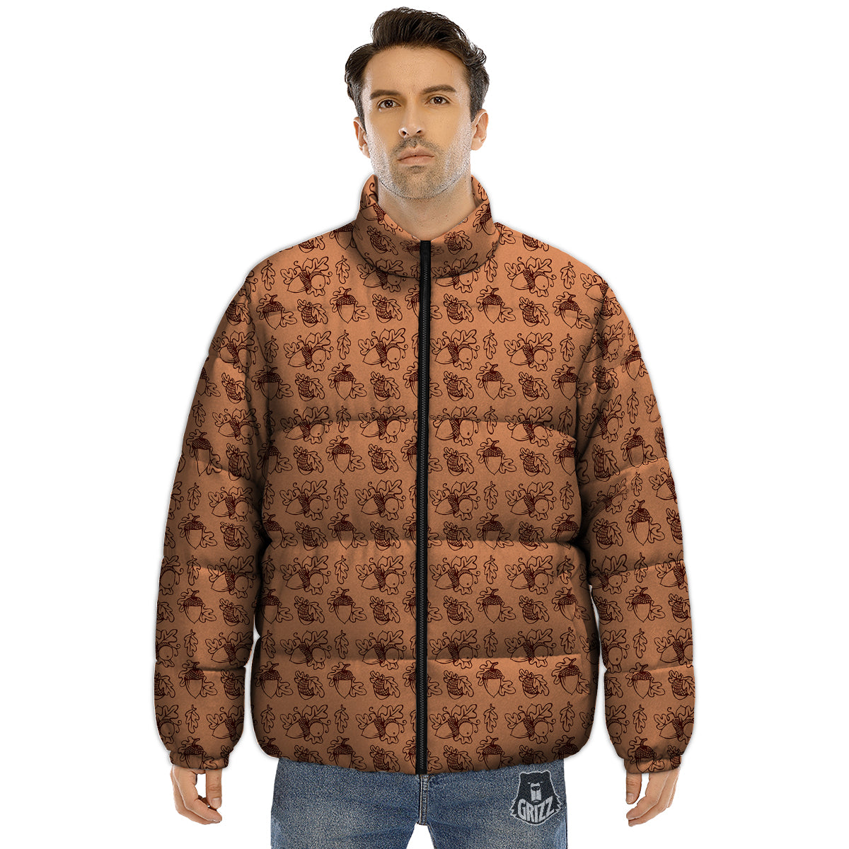 Acorn Drawing Print Pattern Puffer Jacket-grizzshop