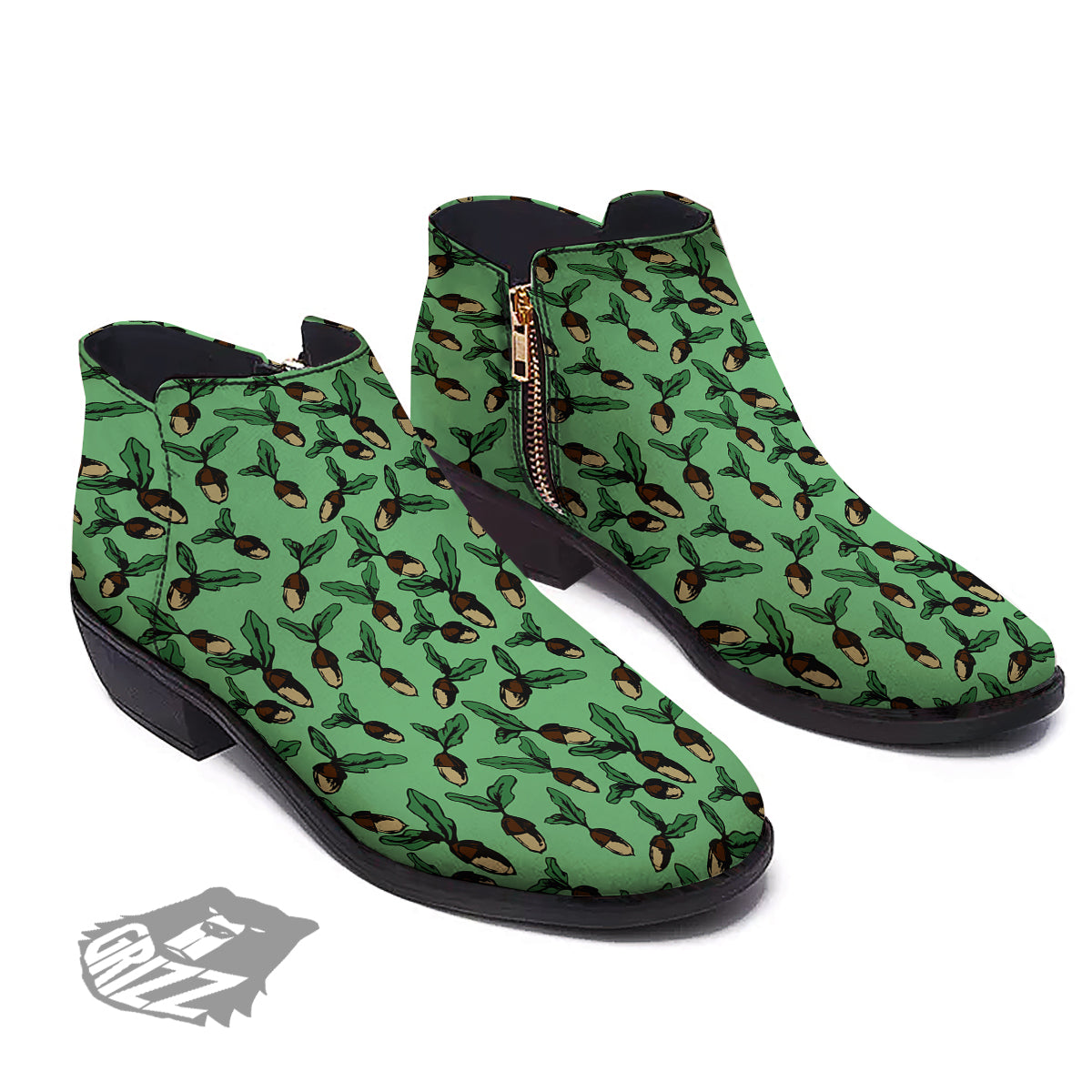 Acorn Green Print Pattern Ankle Boots-grizzshop