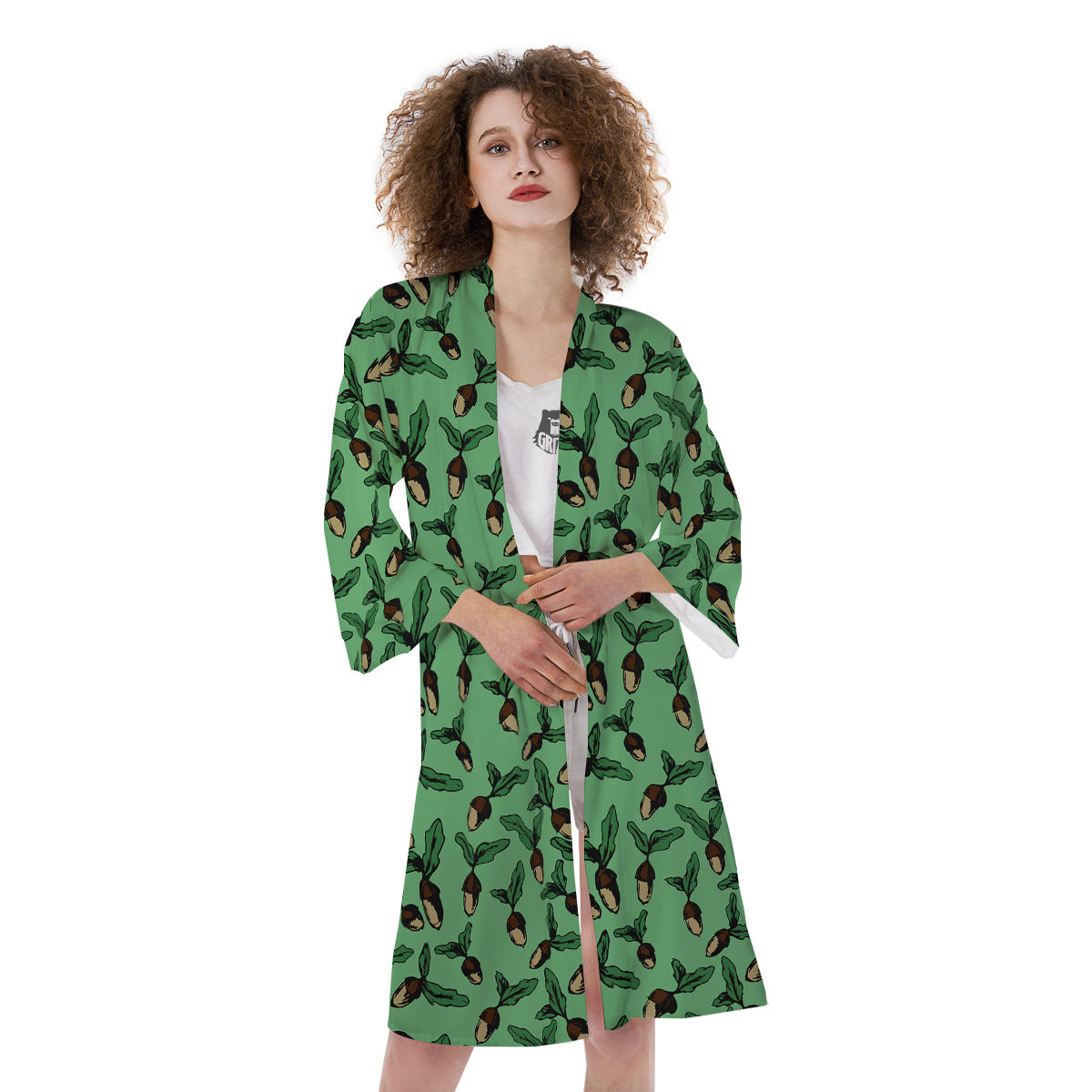 Acorn Green Print Pattern Kimono-grizzshop