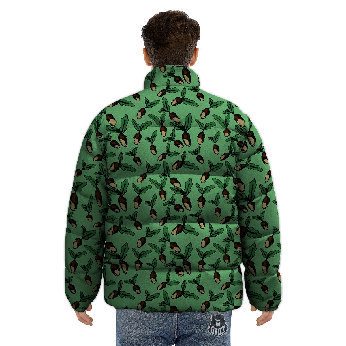 Acorn Green Print Pattern Puffer Jacket-grizzshop
