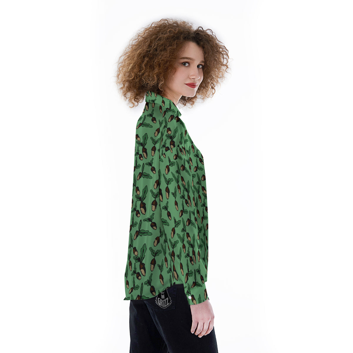 Acorn Green Print Pattern Women's Long Sleeve Shirts-grizzshop