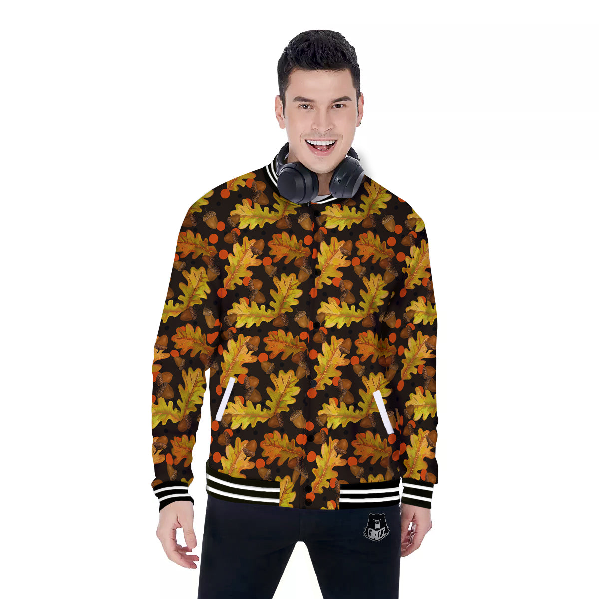 Acorn Leaf Print Pattern Baseball Jacket-grizzshop