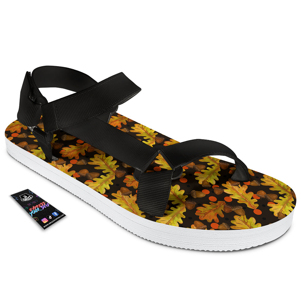 Acorn Leaf Print Pattern Black Open Toe Sandals-grizzshop