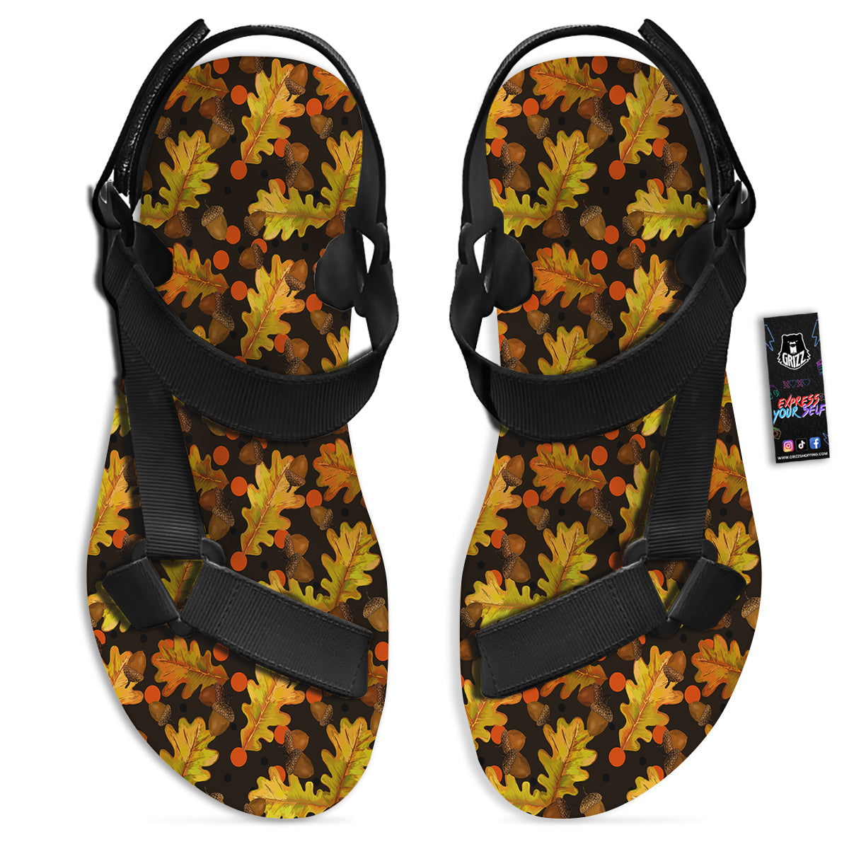 Acorn Leaf Print Pattern Black Open Toe Sandals-grizzshop
