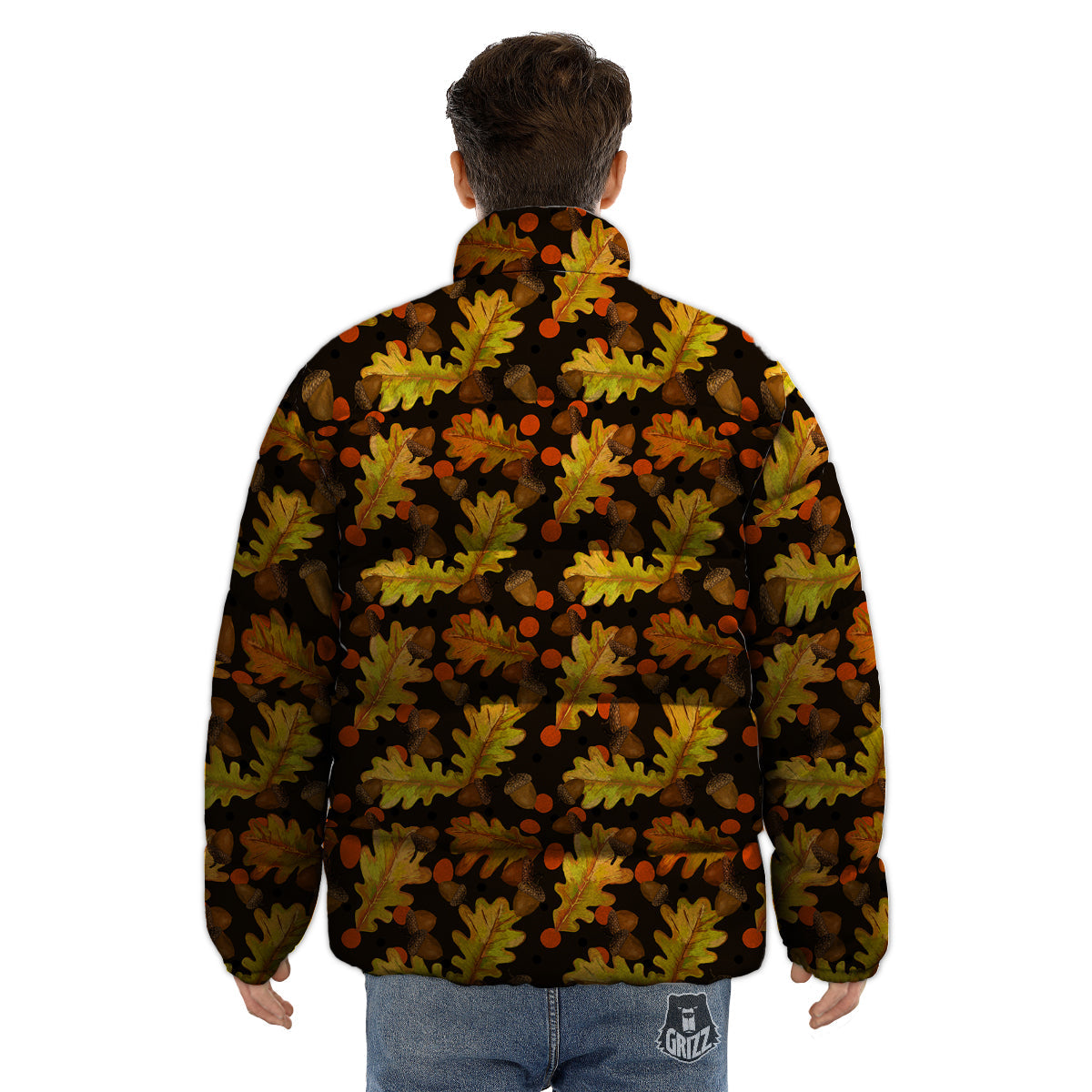 Acorn Leaf Print Pattern Puffer Jacket-grizzshop