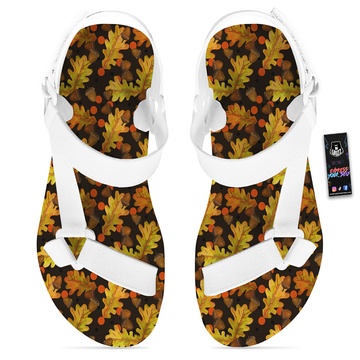 Acorn Leaf Print Pattern White Open Toe Sandals-grizzshop