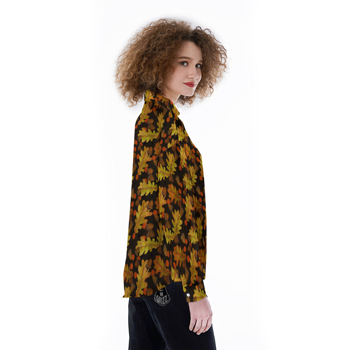 Acorn Leaf Print Pattern Women's Long Sleeve Shirts-grizzshop