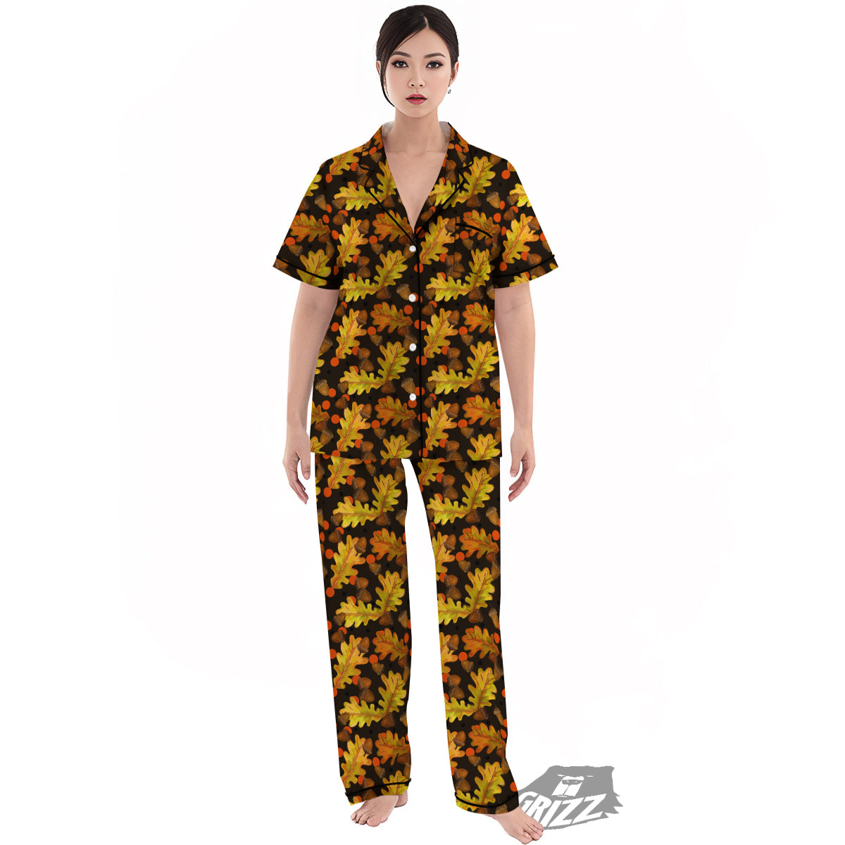 Acorn Leaf Print Pattern Women's Pajamas Set-grizzshop