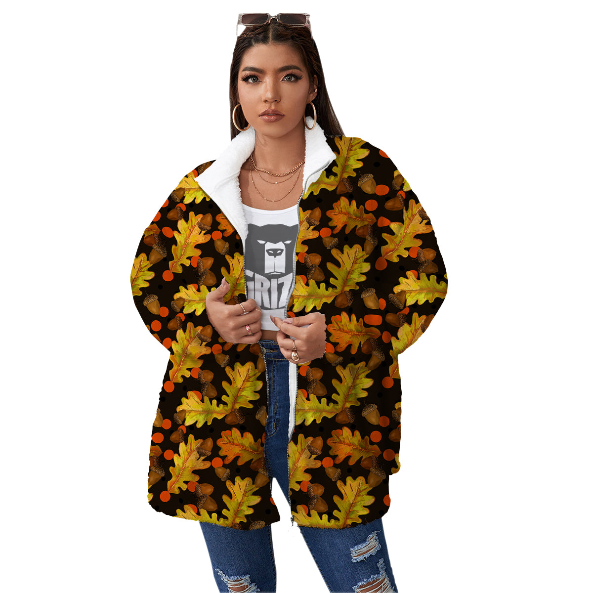 Acorn Leaf Print Pattern Women's Sherpa Jacket-grizzshop